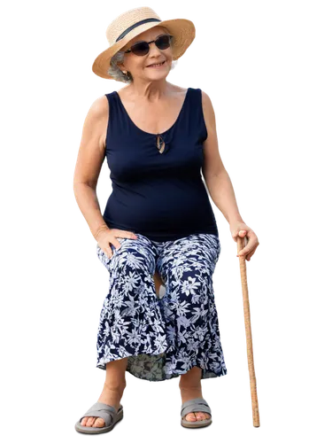 Granny, elderly lady, beach scene, relaxed posture, reading book, sunglasses, curly grey hair, floral swimsuit, straw hat, sandals, walking stick, gentle smile, soft wrinkles, warm skin tone, shallow 