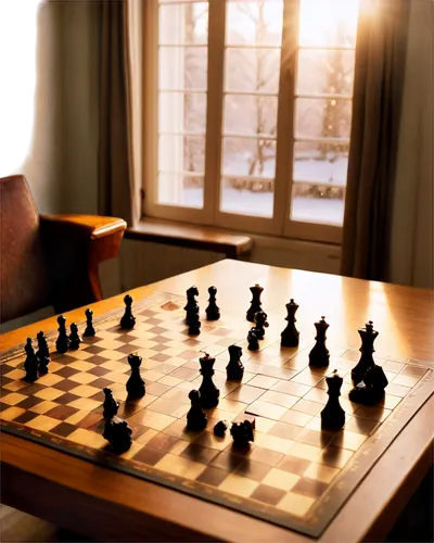 Board games, wooden table, scattered game pieces, dice rolling, cards fanning out, pawns standing upright, checkerboard pattern, richly detailed textures, morning sunlight streaming through window, wa