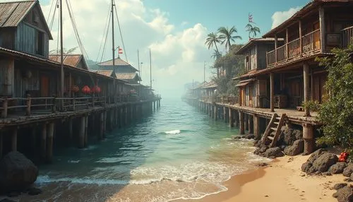 uncharted,fishing village,south pacific,south seas,southeast asia,seaside resort,yamatai,popeye village,tailandia,thailands,seaside country,seahaven,lumbago,the caribbean,overwater,caribbean beach,floating huts,wooden pier,thailad,baoku,Photography,General,Realistic