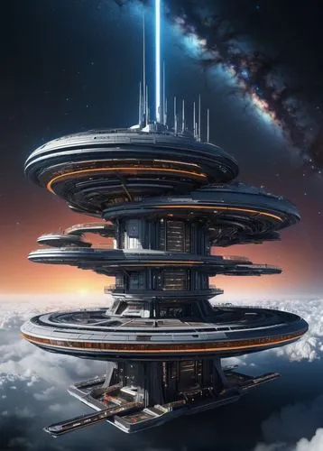 Kardashev Type 4 megastructure, futuristic, cylindrical, enormous, metallic, intricate details, neon lights, luminescent accents, massive pillars, circular platforms, elevators, observatory decks, hab