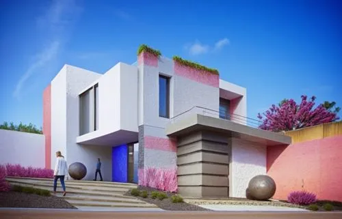 a couple walking into a pink and grey house,cubic house,modern house,cube house,modern architecture,cube stilt houses,3d rendering,Photography,General,Sci-Fi