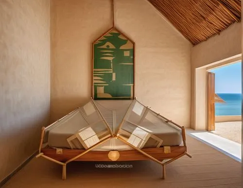 Host in fayoum quaron lake egypt with a bobo style and a brown and green color schem with a wood panel celing roof in a shape of arika palm leaves negative shades single bed ,beach hut,beach furniture