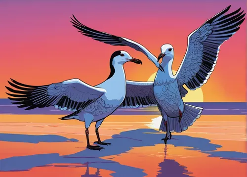 Craft a romantic tale about two Aztec gulls who find love in the midst of a beautiful sunset.,pelicans,brown pelican,storks,great white pelicans,white storks,bird couple,sea birds,flamingo couple,whit