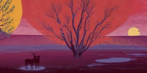 deer silhouette,animal silhouettes,swampy landscape,purple landscape,deer illustration,pere davids deer,feist,cowboy silhouettes,cartoon forest,two wolves,saturated colors,red tree,forest animals,deci