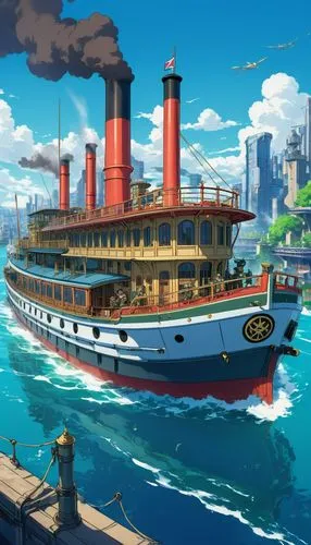 caravel,steamboy,sea fantasy,ocean liner,skyship,oceanliner,Illustration,Japanese style,Japanese Style 03