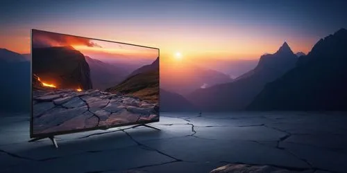 a philips tv with a dark light background cracked stone floor and mountain on the back,this po is of a television in the middle of a mountain landscape,plasma tv,hdtv,smart tv,hdtvs,television,televis