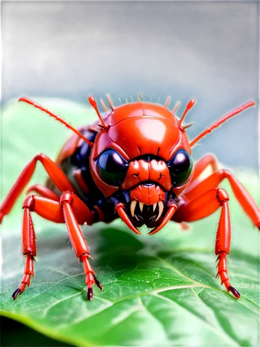 Close-up, macro photography, ant's head, compound eyes, mandibles, antennae, shiny exoskeleton, red brown color, tiny hairs, six legs, claws, walking on leaf, green background, natural lighting, high 