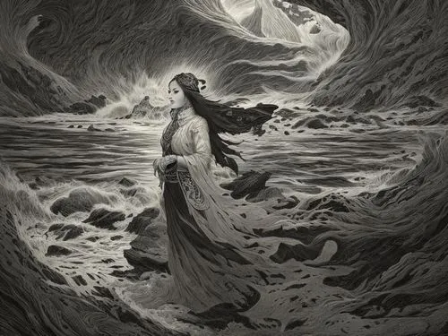 an image of a woman standing in the middle of the water,wrightson,mcniven,samuil,macniven,maelstrom,norns,Art sketch,Art sketch,Fantasy