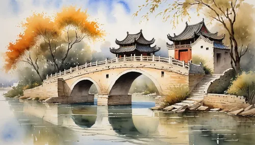 chinese art,chinese architecture,dragon bridge,suzhou,summer palace,wuyi,watercolor,watercolor paris,oriental painting,forbidden palace,watercolor painting,watercolor background,river landscape,guilin,water palace,beijing,shahe fen,xi'an,janome chow,autumn landscape,Illustration,Paper based,Paper Based 24