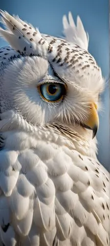 Uma foto nítida HDR de profissional linda coruja da neve BRANCA, bico dourado e olho Azul.,an image of an owl with blue eyes,snowy owl,gyrfalcon,snow owl,saker falcon,owl background,owl eyes,Photograp