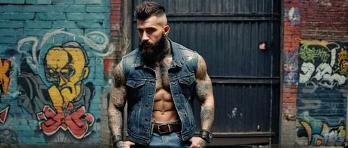 Tattooed muscular man, knuckle sandwich tattoo, bold font, black ink, detailed skin texture, rugged facial features, short messy hair, thick beard, intense gaze, sleeveless denim jacket, worn leather 