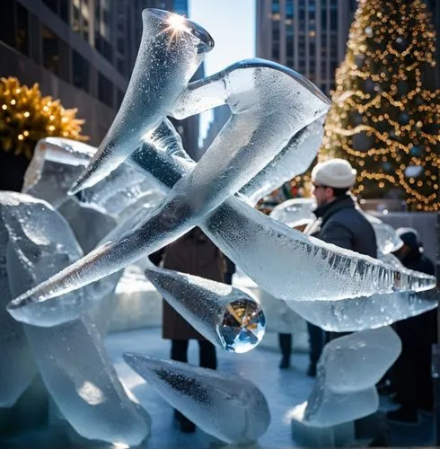 Crystal glass statue in front of ice ring at the rockefeller center in winter on a sunny day,a statue with a snowman on it with trees in the background,snow figures,winterlude,glass yard ornament,rock