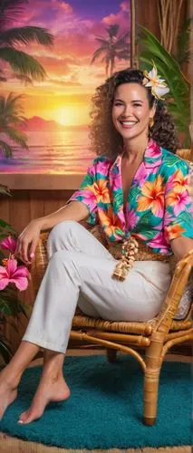 Hawaiian style living room, tropical atmosphere, mature lady, 30s, relaxed pose, sitting on a wooden woven chair, floral patterned Hawaiian shirt, flowy white pants, bare feet, flower garland in hair,