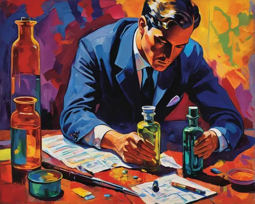 Write a thrilling scene where a detective uncovers a hidden drug bottle at a crime scene.,chemist,painting technique,glass painting,man with a computer,ernő rubik,dealer,meticulous painting,chemical l