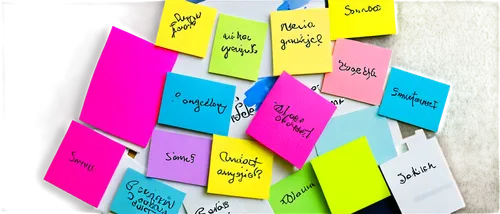 colorful post-it notes, scattered on desk, various sizes, rounded corners, sticky ends, yellow, pink, blue, green, white, handwritten notes, scribbles, doodles, messy arrangement, soft focus, warm lig