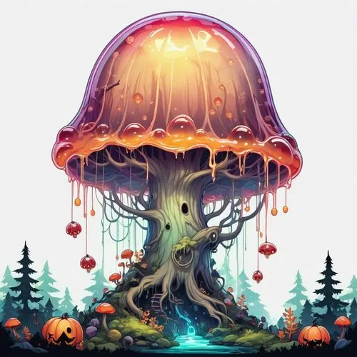 mushroom landscape,tree mushroom,mushroom island,forest mushroom,red mushroom,mushroom type,Illustration,Abstract Fantasy,Abstract Fantasy 11