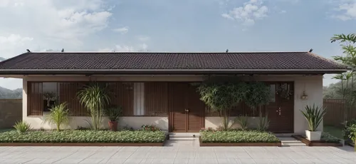 add one plant from Rhapis kind out side the bilding without chang any thing,3d rendering,garden elevation,residential house,bungalow,holiday villa,render,folding roof,wooden house,floorplan home,grass