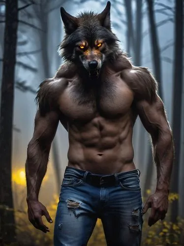 Sad werewolf, full moon night, standing alone, misty forest, dark trees, glowing yellow eyes, furry wolf ears, claws, muscular arms, torn jeans, bare chest, messy brown hair, sorrowful facial expressi