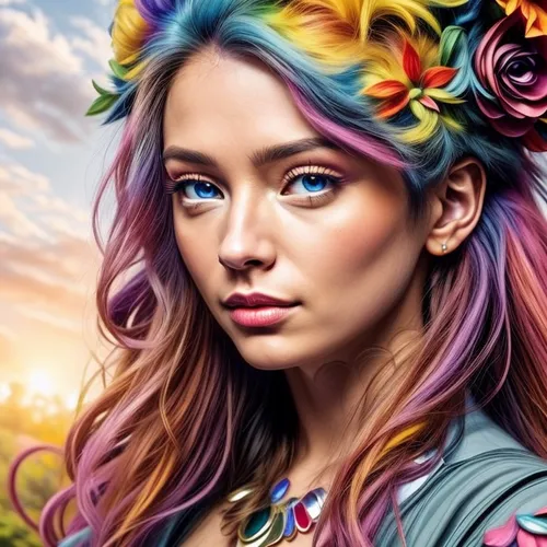 fantasy portrait,boho art,colorful floral,rainbow unicorn,girl in flowers,world digital painting,unicorn art,fantasy art,mystical portrait of a girl,fae,adobe photoshop,the festival of colors,colorful background,beautiful girl with flowers,portrait background,spring unicorn,flower painting,digital painting,digital art,artist color