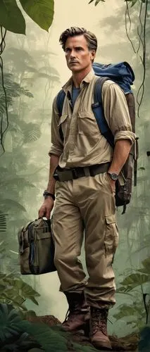 Male researcher, mature, khaki clothing, rugged boots, backpack, binoculars, notebook, pen, serious facial expression, intense eyes, messy brown hair, Amazon rainforest, dense foliage, vines, giant tr