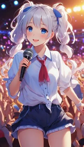 Sora, anime girl, blue eyes, twin tails, white hair clips, sweet smile, blush, casual wear, white shirt, blue shorts, sneakers, standing, leaning forward, hands together, holding a microphone, concert