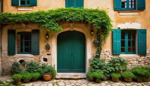 Modern bricolage architecture, rustic exterior walls, irregular stone structure, lush green ivy crawling up the walls, wooden beams, wooden shutters, clay roof tiles, overhanging eaves, ornate iron do