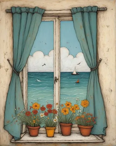 window with sea view,sicily window,french windows,sea beach-marigold,window curtain,window treatment,flowers frame,wooden windows,bay window,window with shutters,flower frame,carol colman,vincent van gough,window pane,seaside view,window valance,window,the window,window front,seaside country,Art,Artistic Painting,Artistic Painting 49