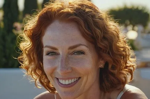 a beautiful, sunkissed 40 year old redhead woman smiling and looking at the camera as she sunbathes in italy and drinks olive oil,carolee,lenska,pumuckl,ginger rodgers,gingerich,gingrichian,simmone,rh