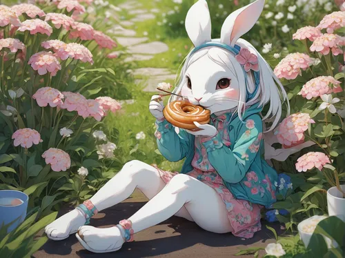 Female bunny humanoid, eating Cinnabon roll, chic, spring, garden, cute, vivid colors,bun,picnic,cream bun,bunny,white bunny,spring pancake,bunny on flower,picking flowers,rabbit pulling carrot,white 