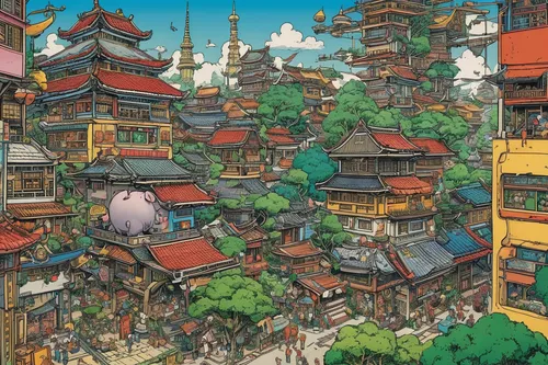 Imagine a futuristic city where a pig, a goat, a banana, and a cricket live together. Describe their daily lives in this extraordinary setting.,tsukemono,kyoto,kiyomizu,studio ghibli,asian architectur