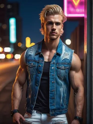 Muscular gay man, 25yo, handsome face, sharp jawline, bright blue eyes, messy blond hair, fit physique, sleeveless denim jacket, white tank top, ripped jeans, black boots, confident pose, leaning agai