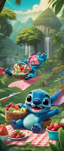 Create a playful image of Lilo and Stitch enjoying a picnic in a tropical garden.,frog background,frog gathering,delight island,stitch,picnic,playmat,tree frogs,kawaii frogs,skylanders,tropical island