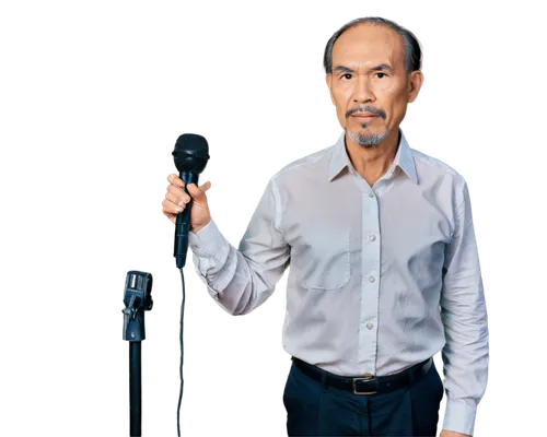 Ho Chi Minh, standing, Vietnamese leader, 70s, aged face, wispy hair, thin eyebrows, brown eyes, wearing a simple suit, white shirt, black pants, holding a microphone, solemn expression, soft focus, w