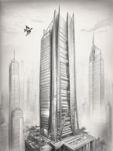 skyscraping,arcology,skyscraper,the skyscraper,skycraper,unbuilt,supertall,lexcorp,highrises,cybercity,megacorporation,skyscrapers,tall buildings,skyreach,oscorp,skyscraper town,sky city,megacorporations,high rises,futuristic architecture,Illustration,Black and White,Black and White 30