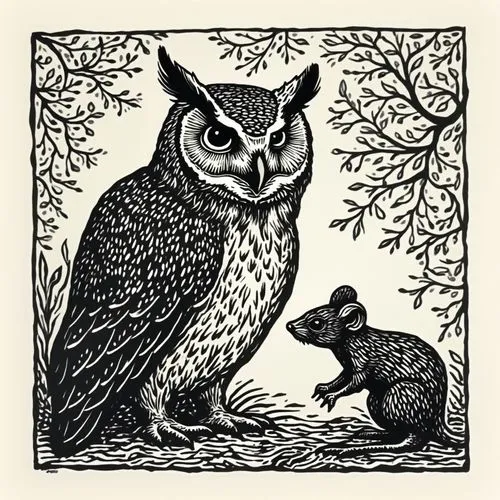 linocuts,couple boy and girl owl,linocut,lubok,bookplate,woodcut