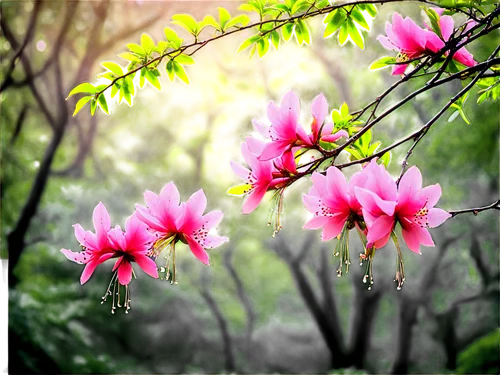 Pink flowering azalea trees, multiple trunks, curved branches, delicate flowers, soft pink petals, green leaves, morning dew, warm sunlight, 3/4 composition, shallow depth of field, cinematic lighting