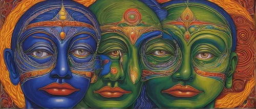 multicolor faces,heads,the three graces,faces,psychedelic art,self unity,african masks,hare krishna,masks,two people,meridians,women's eyes,oil painting on canvas,indian art,tribal masks,mirror of souls,woman's face,mirror image,color pencil,three friends,Illustration,Abstract Fantasy,Abstract Fantasy 21