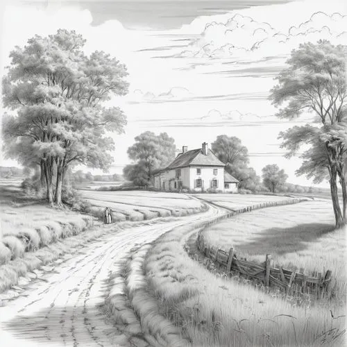 farmstead,farmhouses,farm landscape,schoolhouses,rural landscape,schoolhouse,Illustration,Black and White,Black and White 30