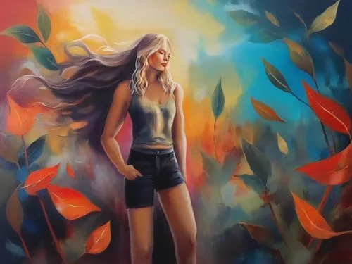 world digital painting,girl walking away,girl in a long,oil painting on canvas,oil painting,art painting,blonde woman,the blonde in the river,blond girl,mystical portrait of a girl,woman walking,color