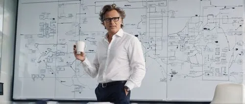 Middle-aged, male, integration architecture designer, messy hair, black-rimmed glasses, casual wear, white shirt, dark jeans, sneakers, holding a coffee cup, standing in front of a whiteboard filled w