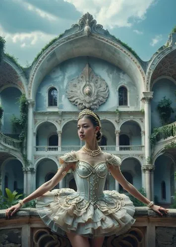 a woman standing on a balcony in a white dress,paquita,majevica,coppelia,cinderella,3d fantasy,mulan,shanghai disney,fairy tale character,filipiniana,naboo,fairy tale,rapunzel,vaganova,oriental prince