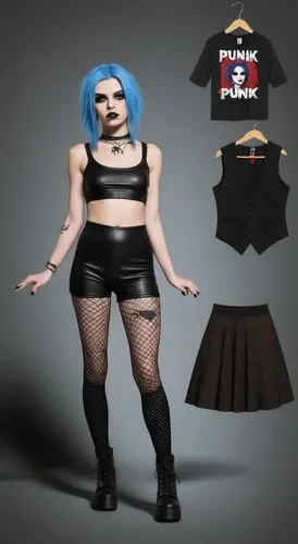 Paper doll 2d cartoon punk blue haired girl in black sleeveless shirt , black spandex shorts, complete full length fishnet and black punk knee Boots, standing surrounded by with a set of punk fashion 