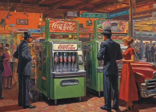 soda fountain,soda shop,the coca-cola company,soda machine,coke machine,gas-station,david bates,electric gas station,convenience store,gas station,slot machines,petrol pump,vending machines,fifties,coca-cola,filling station,truck stop,drinking establishment,liquor bar,coca cola,Illustration,Retro,Retro 14