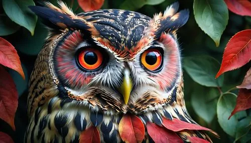 A vibrantly colored owl with piercing red eyes camouflaged among leaves. The image evokes a sense of mystery, danger, and the beauty of nature's intricate designs.,owl art,owl,owl drawing,owl backgrou