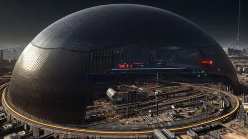 nuclear plant, train tracks, multiple clear dome 
,hub,musical dome,hudson yards,very large floating structure,oval forum,the globe,solar cell base,futuristic architecture,dome,mining facility,the hiv