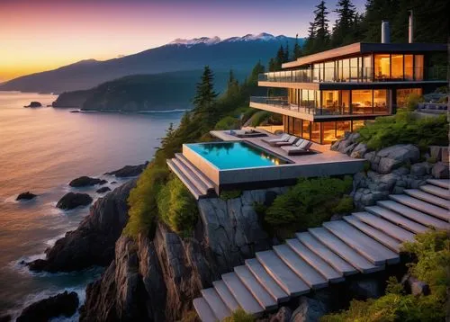 Cliffside modern villa, British Columbia, Canada, rugged coastline, misty atmosphere, luxurious island home, multi-level structure, wooden accents, floor-to-ceiling windows, panoramic ocean view, outd