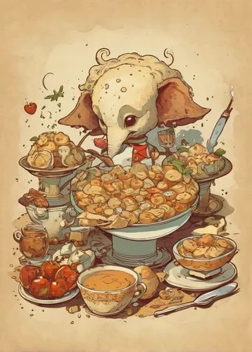 Create a humorous scene where someone mistakenly tries to eat a pata de mula, thinking it's a tasty treat,thanksgiving background,placemat,gluttony,cuscus,appetite,dormouse,game illustration,dwarf coo