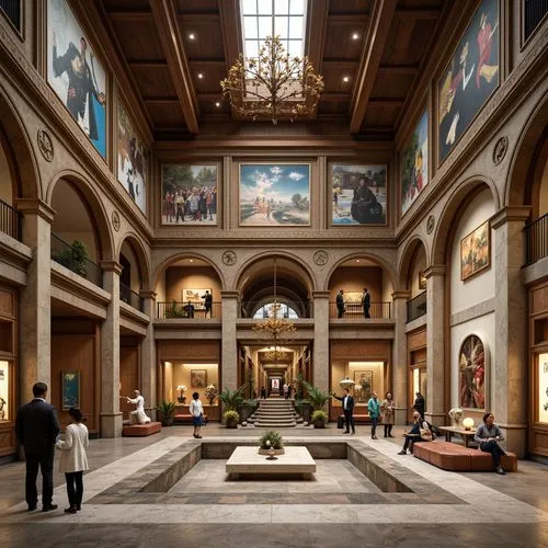 Grand atrium, high ceilings, ornate chandeliers, marble flooring, eclectic art collections, vintage exhibits, interactive displays, natural stone walls, wooden accents, grand staircases, sweeping arch