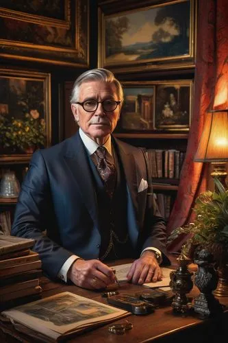 A vintage-style illustration, John Pile, a renowned interior designer, sitting in his 19th-century-inspired study, surrounded by antique furniture pieces, rich velvet drapes, and ornate wooden panelin