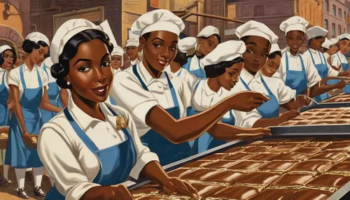 black women,bread spread,cooks,bakery,woman holding pie,assembly line,afro american girls,beautiful african american women,african american woman,eritrean cuisine,workers,afroamerican,food processing,girl scouts of the usa,juneteenth,soup kitchen,pandesal,latkes,raisin bread,cuban pastry,Illustration,Realistic Fantasy,Realistic Fantasy 21